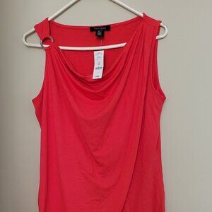 NWT White House Black Market Red rayon top with circular accent at shoulder